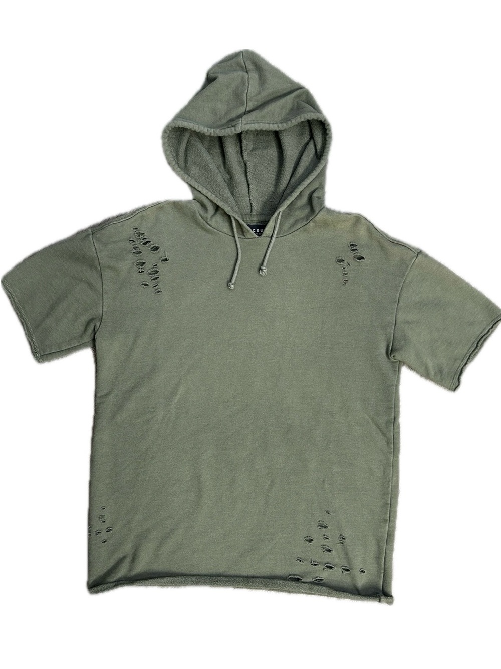 PacSun Distressed Short Sleeve Hoodie Olive Green Oversized Fit Men’s Small